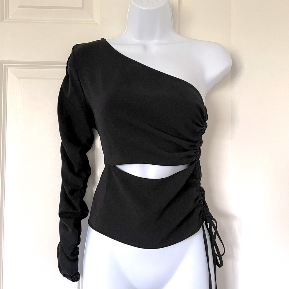 Zara Black Asymmetrical Top w Side Ruffles | Size XS | New